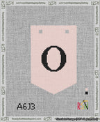 A taped needlepoint canvas with the design: Banner 13 mesh count Pointed O Black on Pink.
