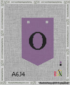 A taped needlepoint canvas with the design: Banner 13 mesh count Pointed O Black on Purple.