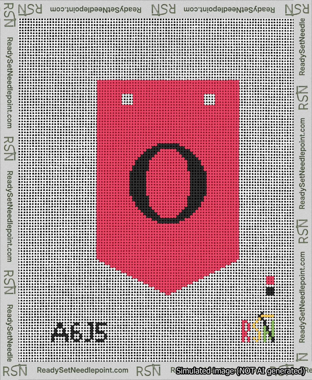 A taped needlepoint canvas with the design: Banner 13 mesh count Pointed O Black on Red.