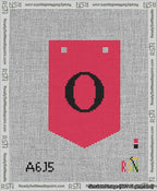 A taped needlepoint canvas with the design: Banner 13 mesh count Pointed O Black on Red.