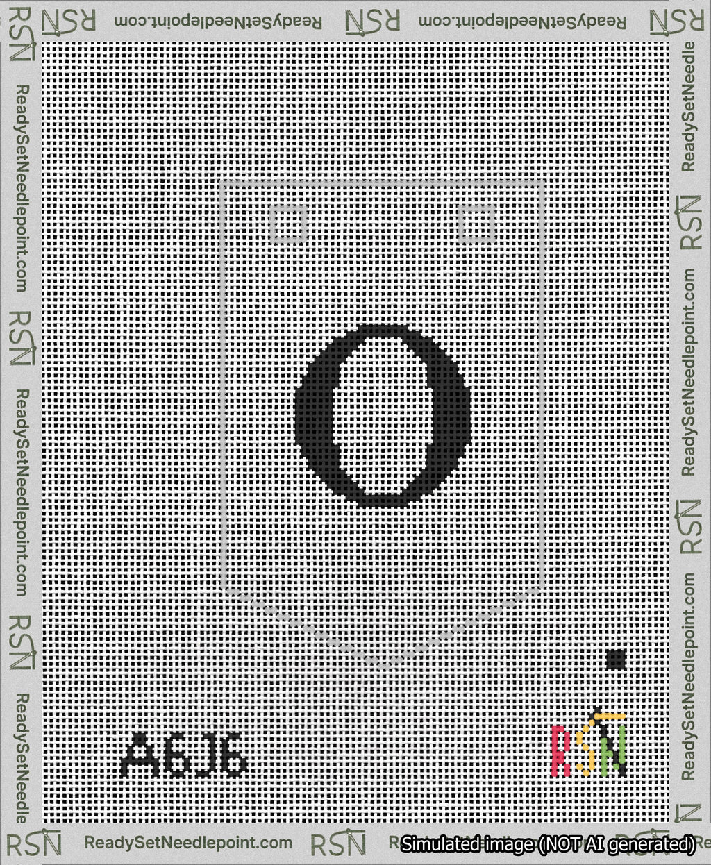 A taped needlepoint canvas with the design: Banner 13 mesh count Pointed O Black on White.