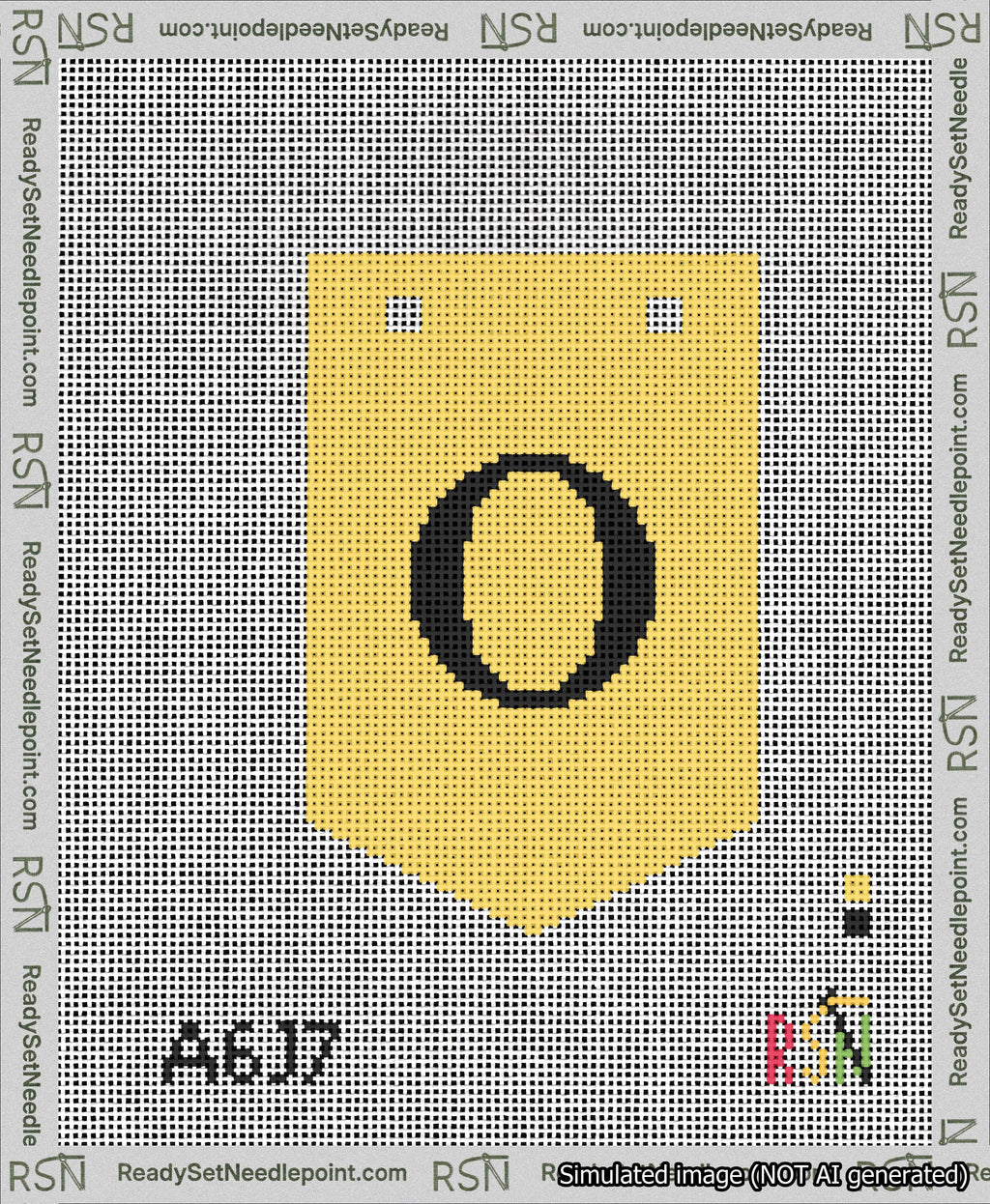 A taped needlepoint canvas with the design: Banner 13 mesh count Pointed O Black on Yellow.