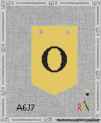 A taped needlepoint canvas with the design: Banner 13 mesh count Pointed O Black on Yellow.