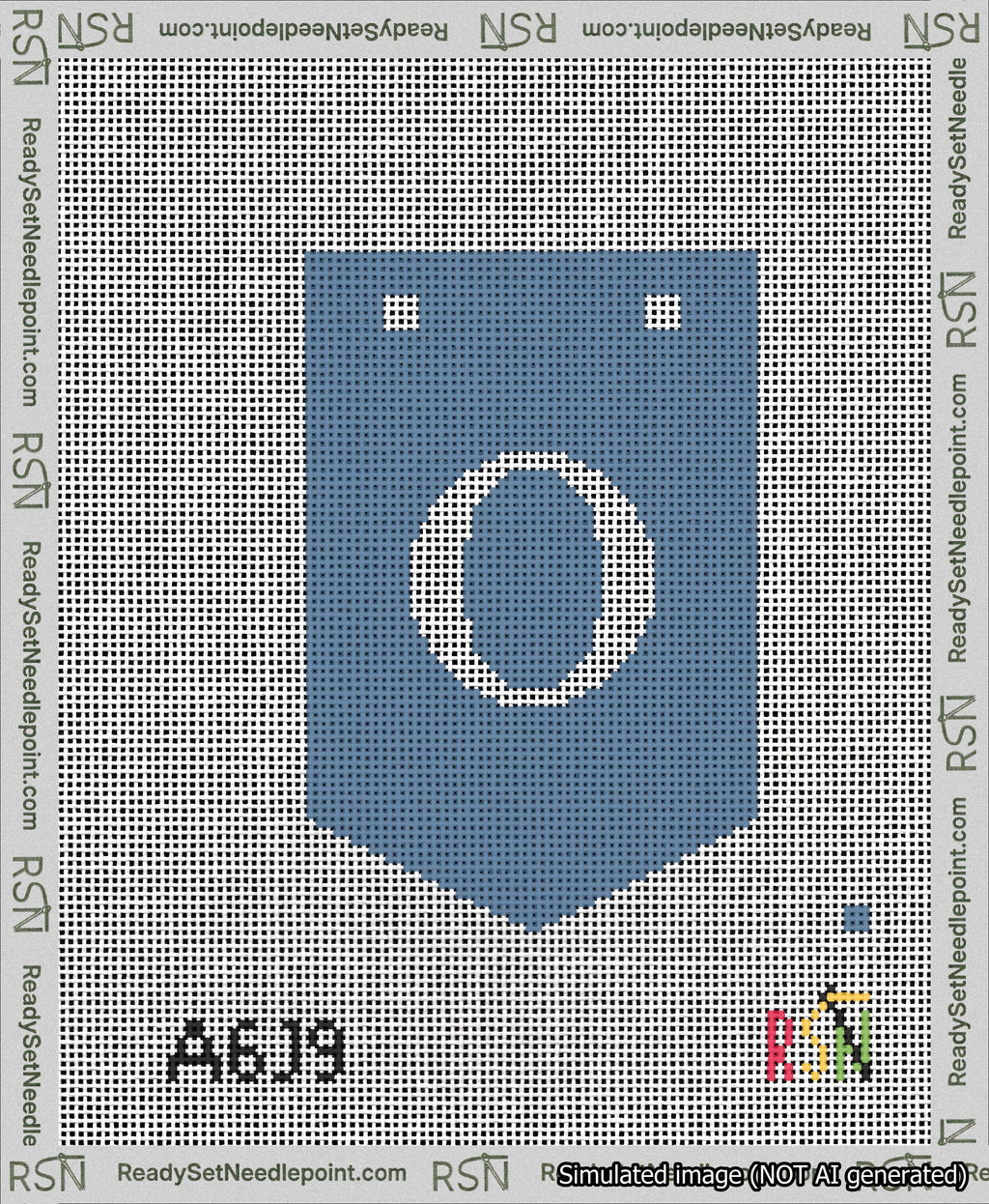 A taped needlepoint canvas with the design: Banner 13 mesh count Pointed O White on Blue.