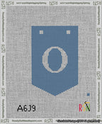A taped needlepoint canvas with the design: Banner 13 mesh count Pointed O White on Blue.