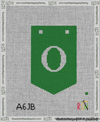 A taped needlepoint canvas with the design: Banner 13 mesh count Pointed O White on Green.