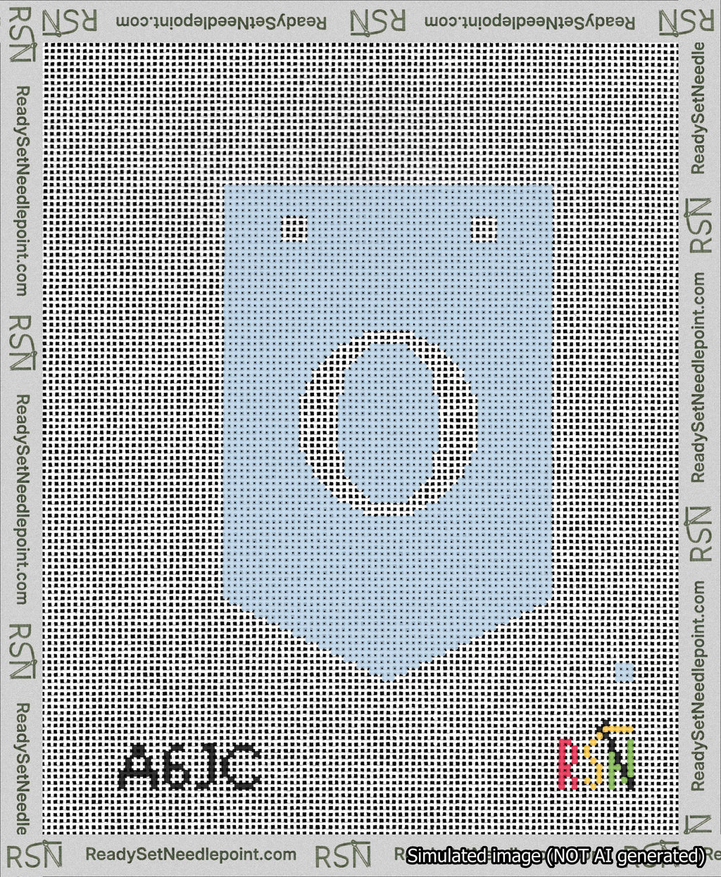 A taped needlepoint canvas with the design: Banner 13 mesh count Pointed O White on Light Blue.