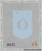 A taped needlepoint canvas with the design: Banner 13 mesh count Pointed O White on Light Blue.