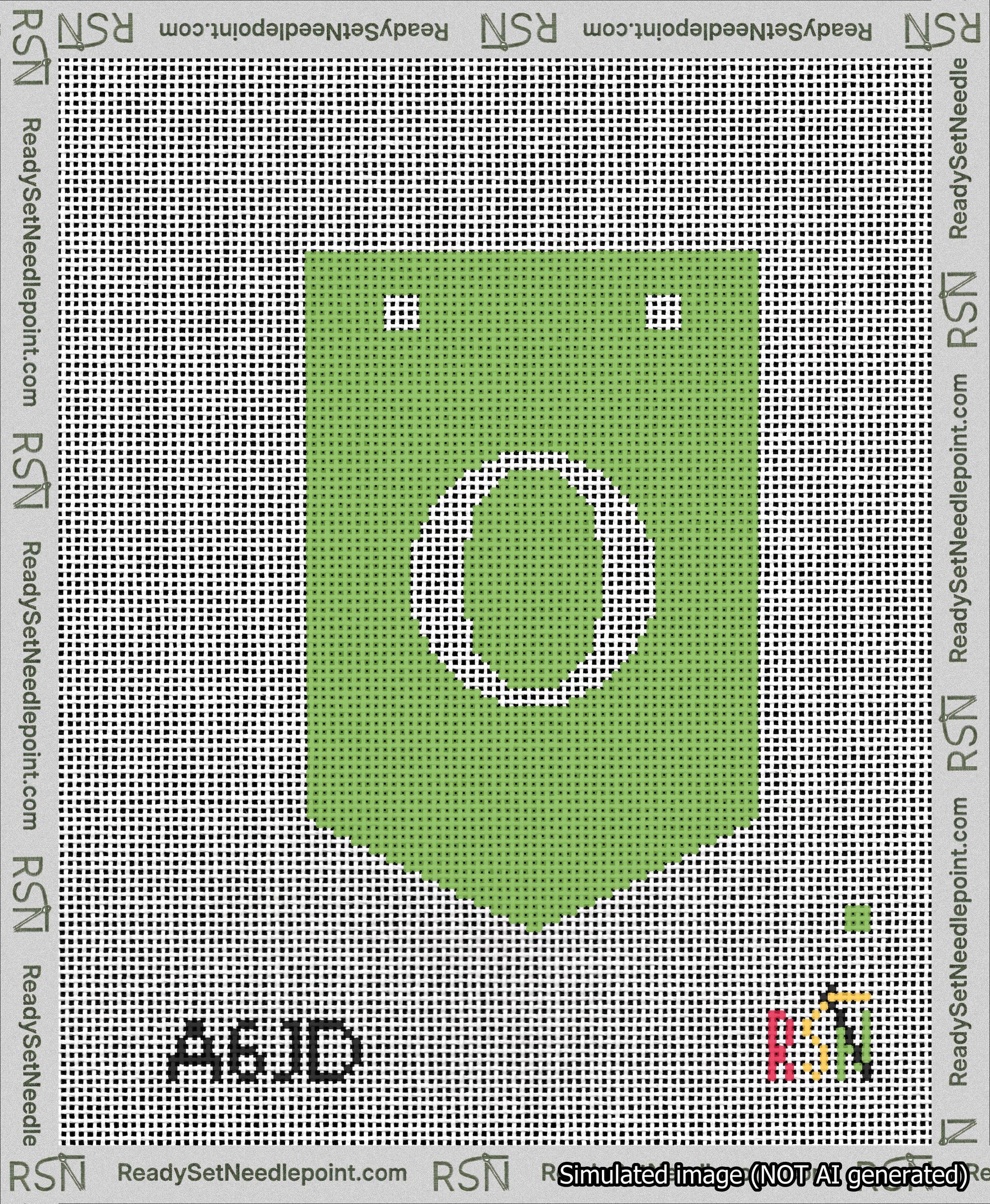 A taped needlepoint canvas with the design: Banner 13 mesh count Pointed O White on Light Green.