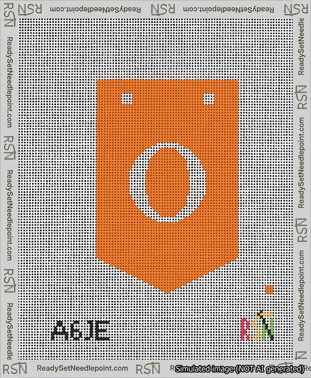 A taped needlepoint canvas with the design: Banner 13 mesh count Pointed O White on Orange.