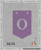 A taped needlepoint canvas with the design: Banner 13 mesh count Pointed O White on Purple.