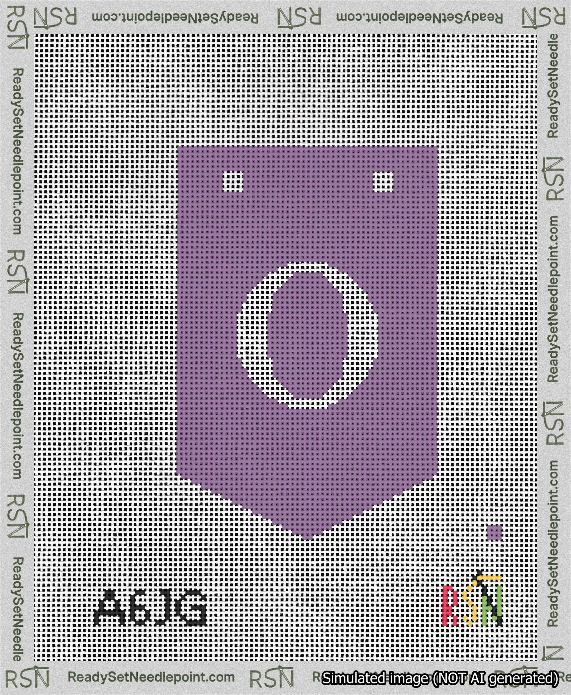A taped needlepoint canvas with the design: Banner 13 mesh count Pointed O White on Purple.