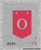 A taped needlepoint canvas with the design: Banner 13 mesh count Pointed O White on Red.
