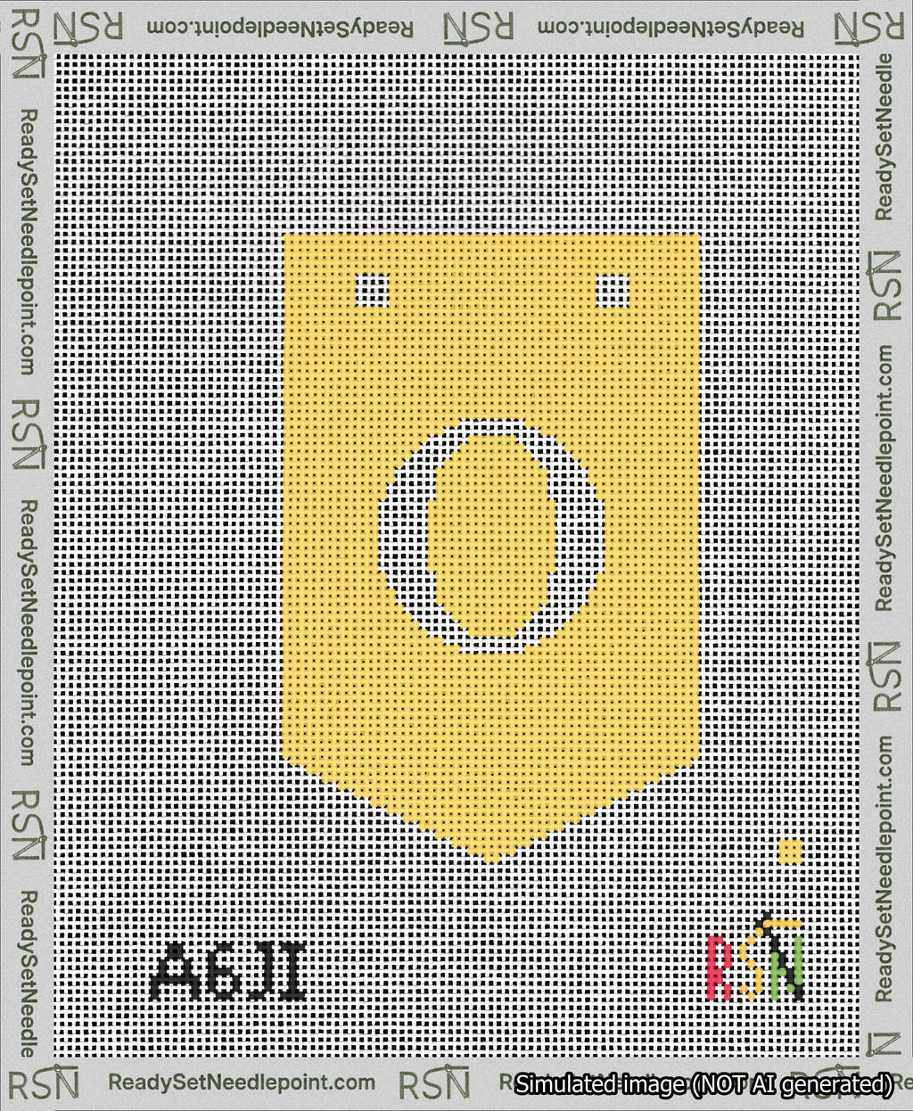 A taped needlepoint canvas with the design: Banner 13 mesh count Pointed O White on Yellow.