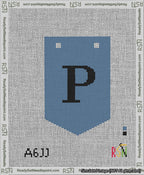 A taped needlepoint canvas with the design: Banner 13 mesh count Pointed P Black on Blue.