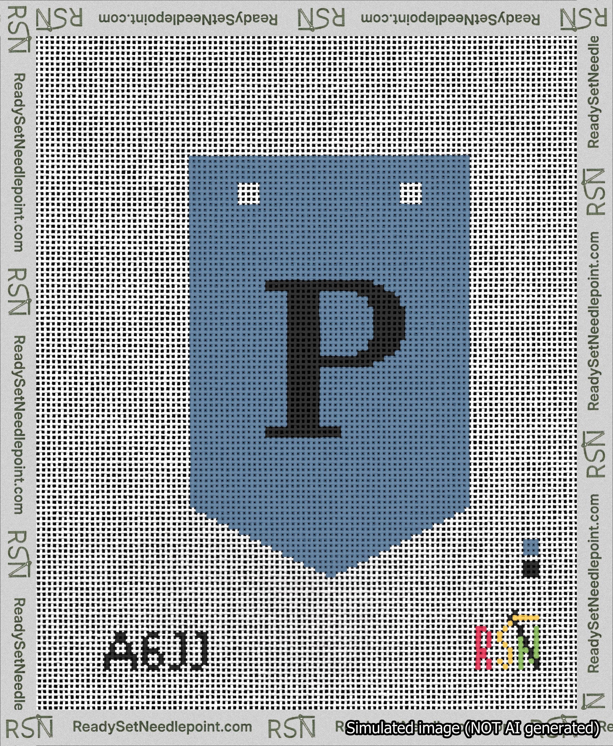A taped needlepoint canvas with the design: Banner 13 mesh count Pointed P Black on Blue.