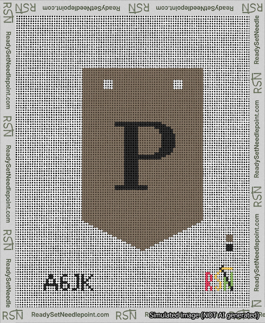 A taped needlepoint canvas with the design: Banner 13 mesh count Pointed P Black on Brown.