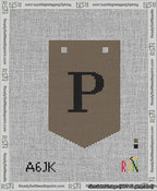 A taped needlepoint canvas with the design: Banner 13 mesh count Pointed P Black on Brown.