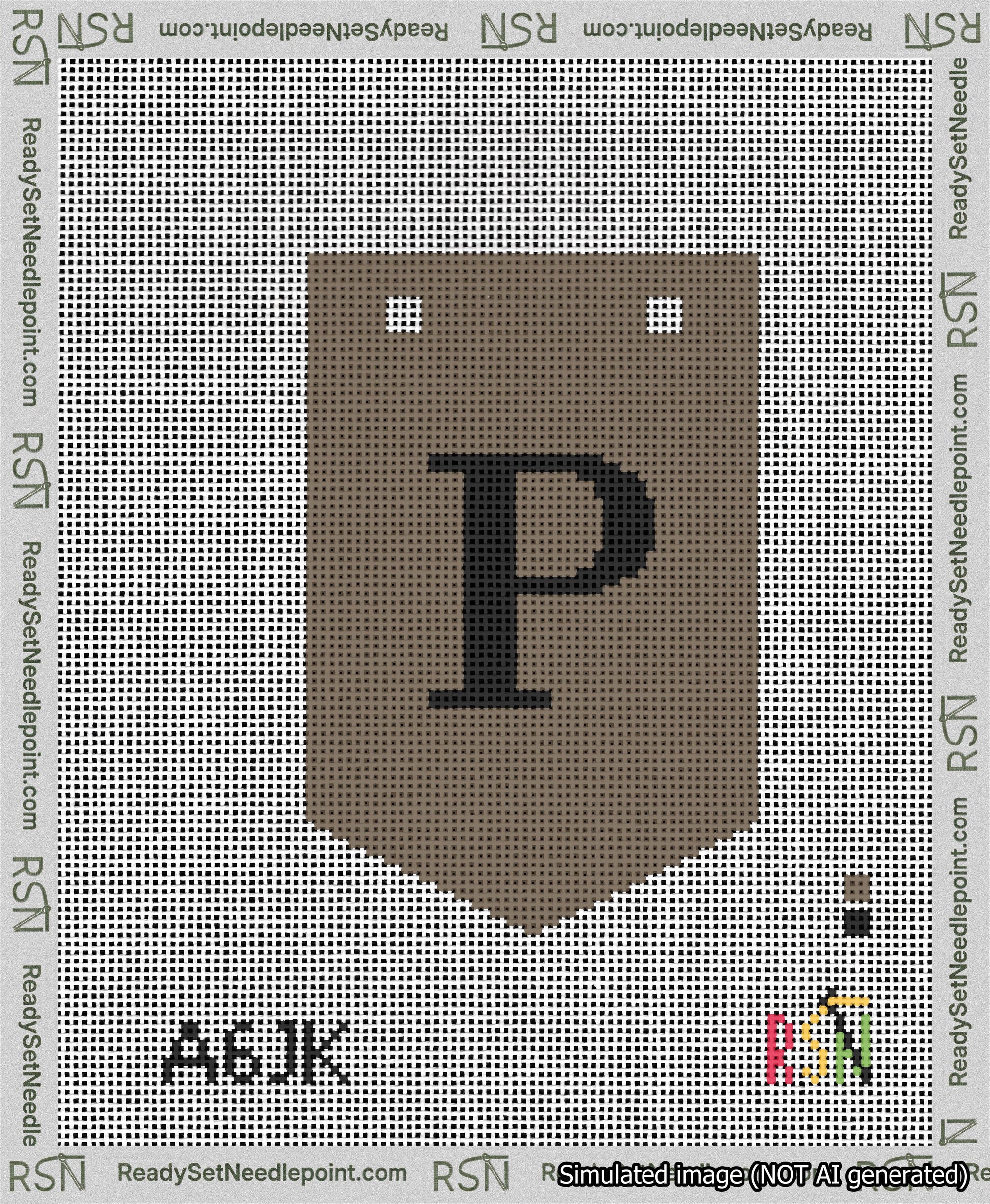 A taped needlepoint canvas with the design: Banner 13 mesh count Pointed P Black on Brown.