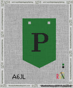 A taped needlepoint canvas with the design: Banner 13 mesh count Pointed P Black on Green.