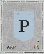 A taped needlepoint canvas with the design: Banner 13 mesh count Pointed P Black on Light Blue.