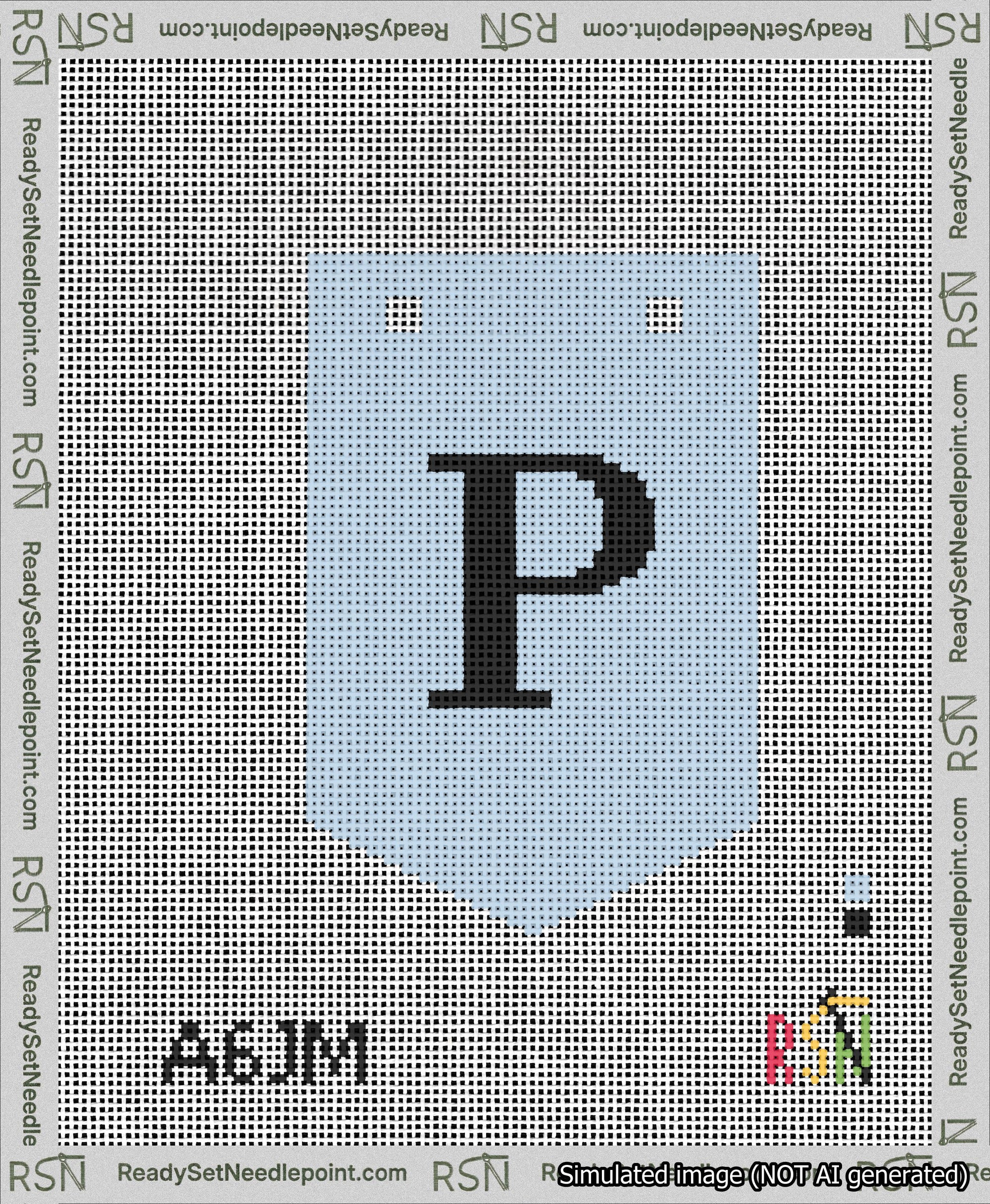 A taped needlepoint canvas with the design: Banner 13 mesh count Pointed P Black on Light Blue.