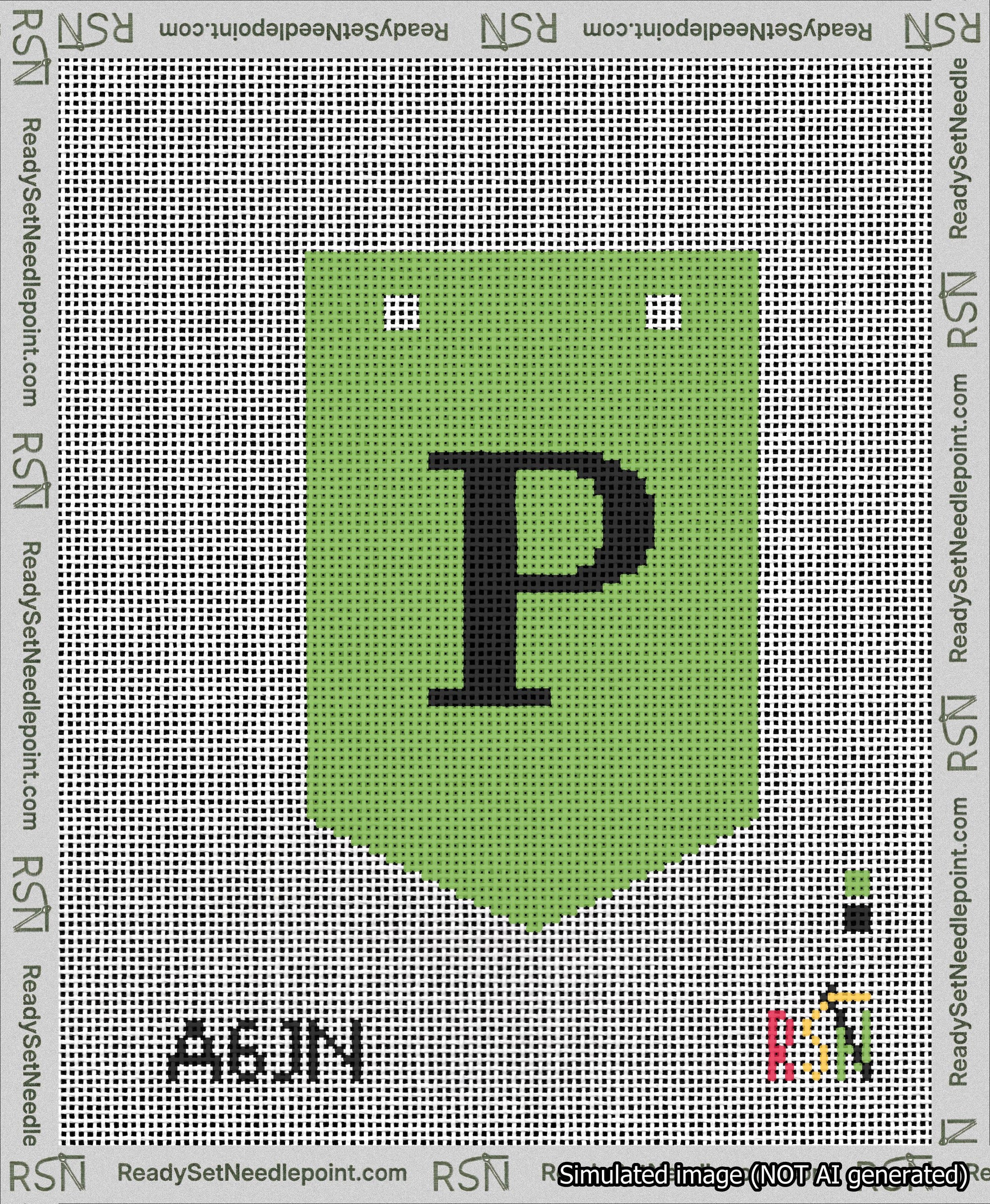 A taped needlepoint canvas with the design: Banner 13 mesh count Pointed P Black on Light Green.