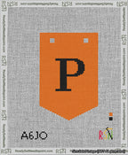 A taped needlepoint canvas with the design: Banner 13 mesh count Pointed P Black on Orange.