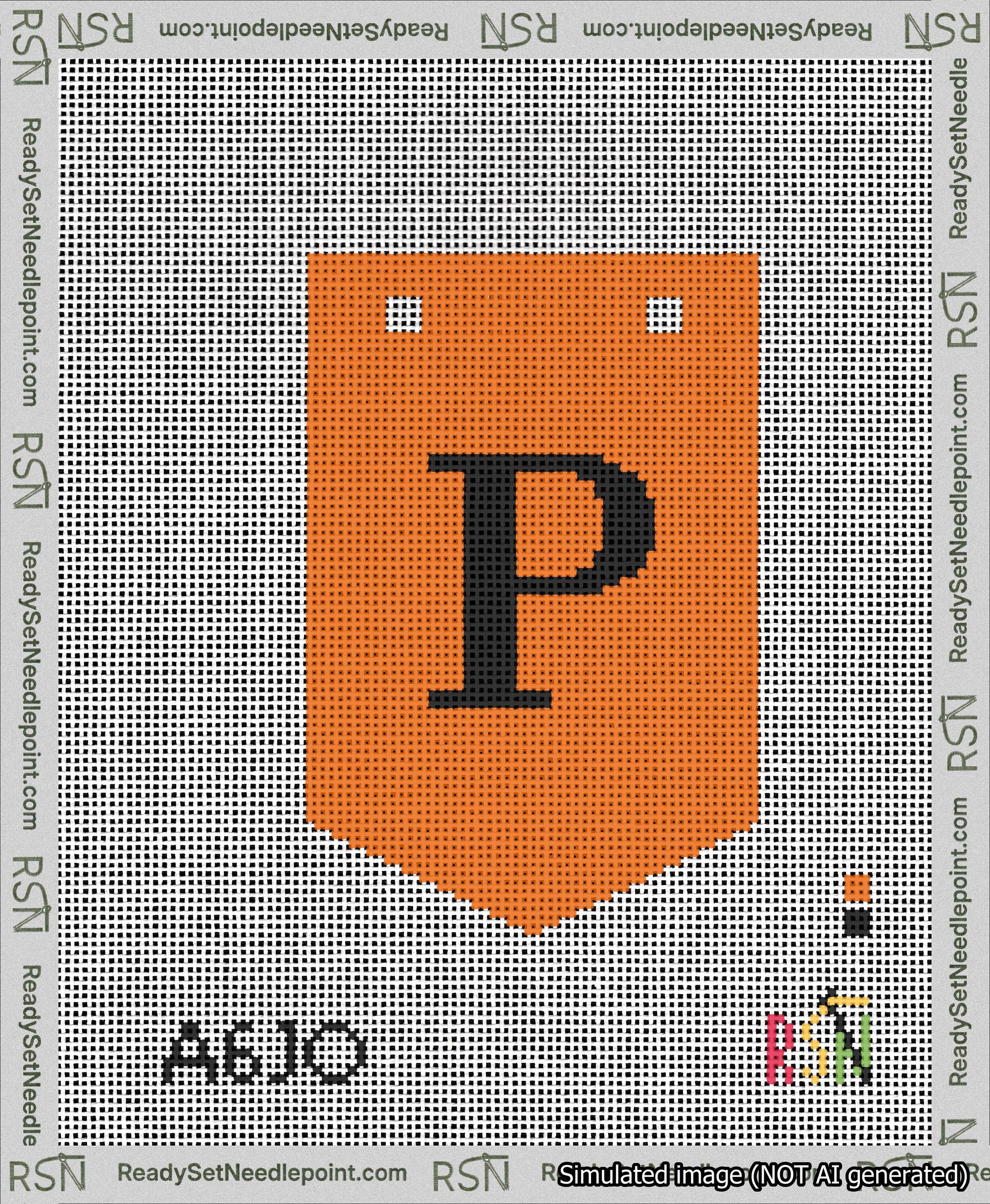 A taped needlepoint canvas with the design: Banner 13 mesh count Pointed P Black on Orange.