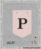 A taped needlepoint canvas with the design: Banner 13 mesh count Pointed P Black on Pink.