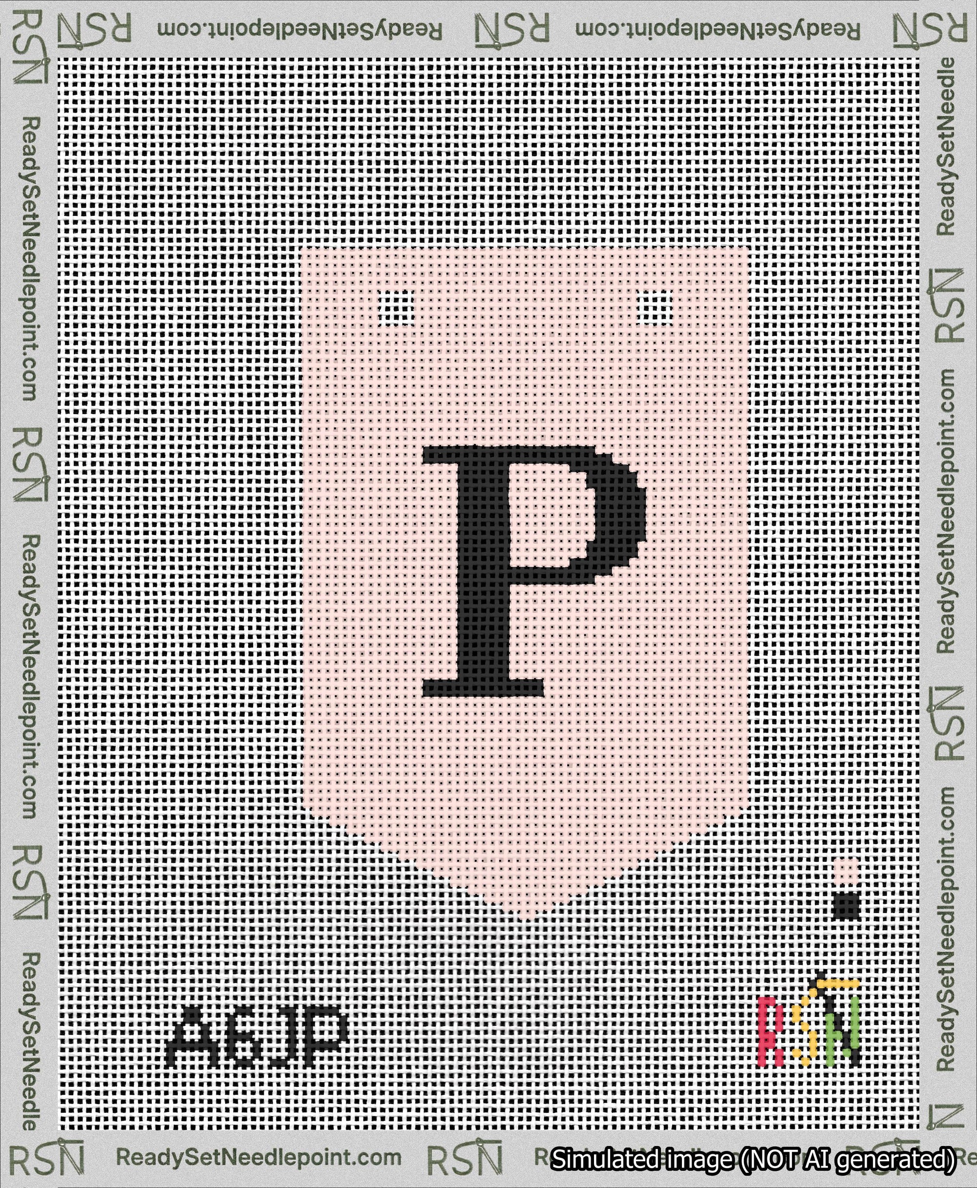 A taped needlepoint canvas with the design: Banner 13 mesh count Pointed P Black on Pink.