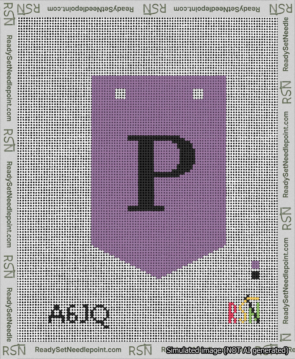 A taped needlepoint canvas with the design: Banner 13 mesh count Pointed P Black on Purple.
