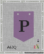 A taped needlepoint canvas with the design: Banner 13 mesh count Pointed P Black on Purple.