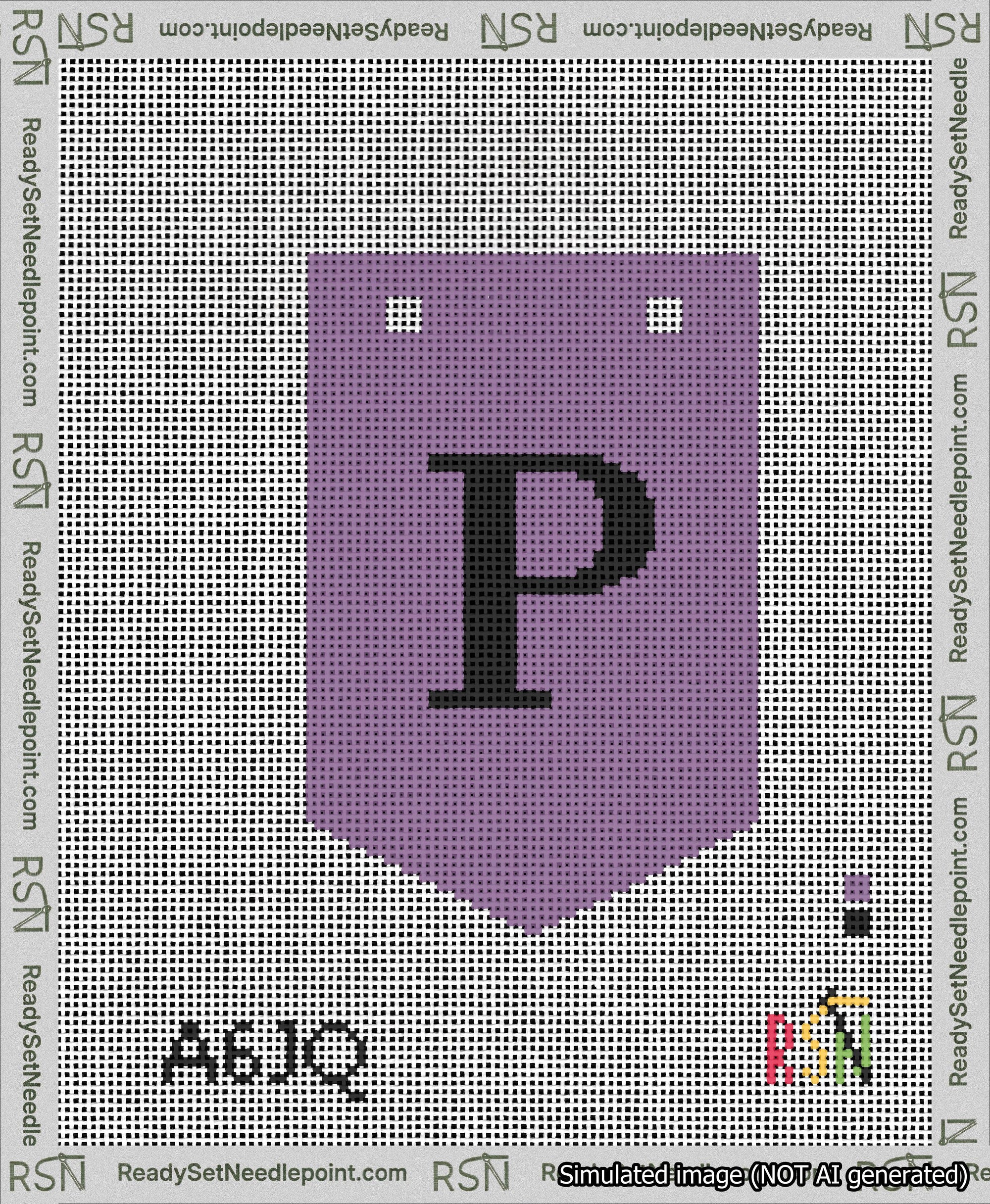 A taped needlepoint canvas with the design: Banner 13 mesh count Pointed P Black on Purple.