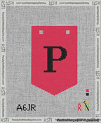 A taped needlepoint canvas with the design: Banner 13 mesh count Pointed P Black on Red.