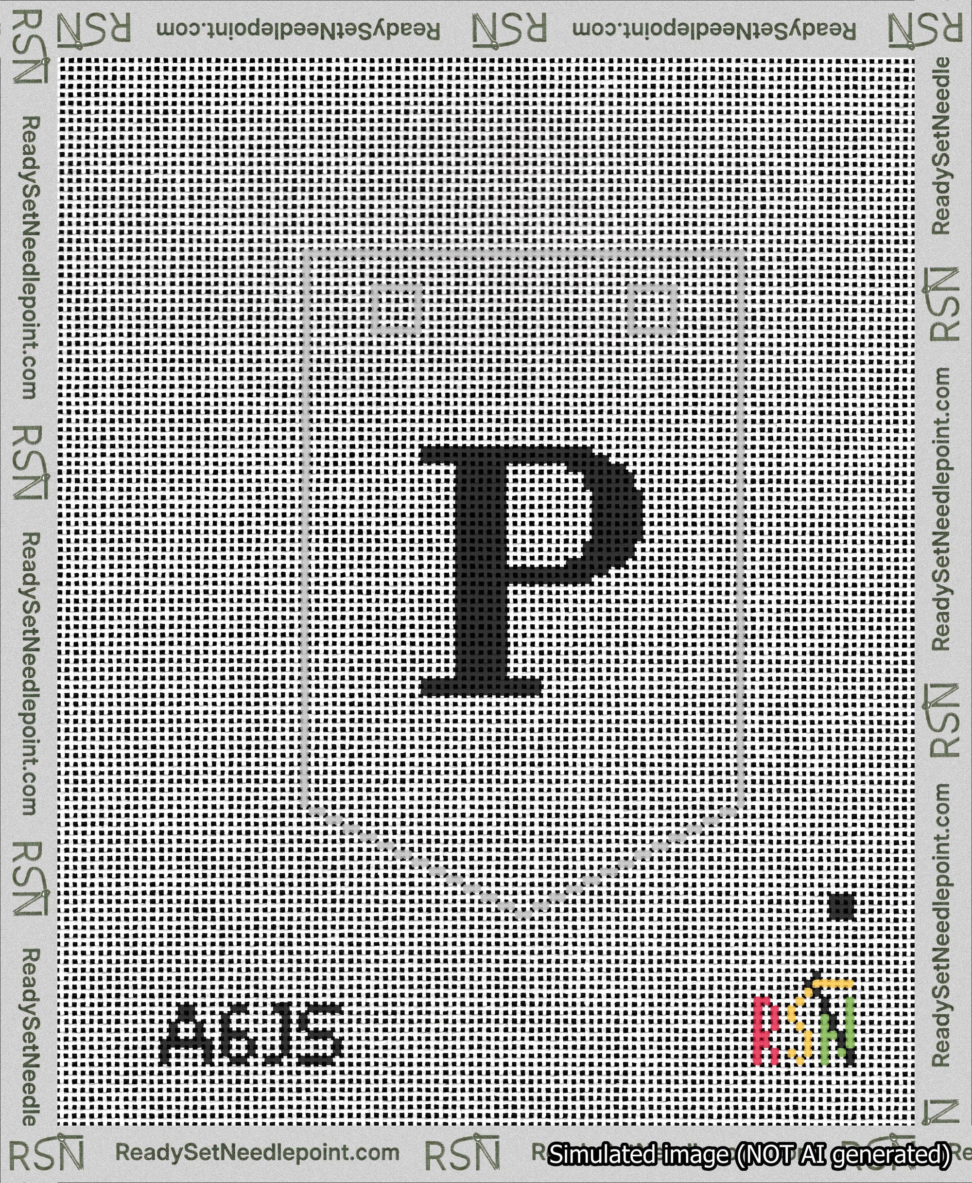 A taped needlepoint canvas with the design: Banner 13 mesh count Pointed P Black on White.