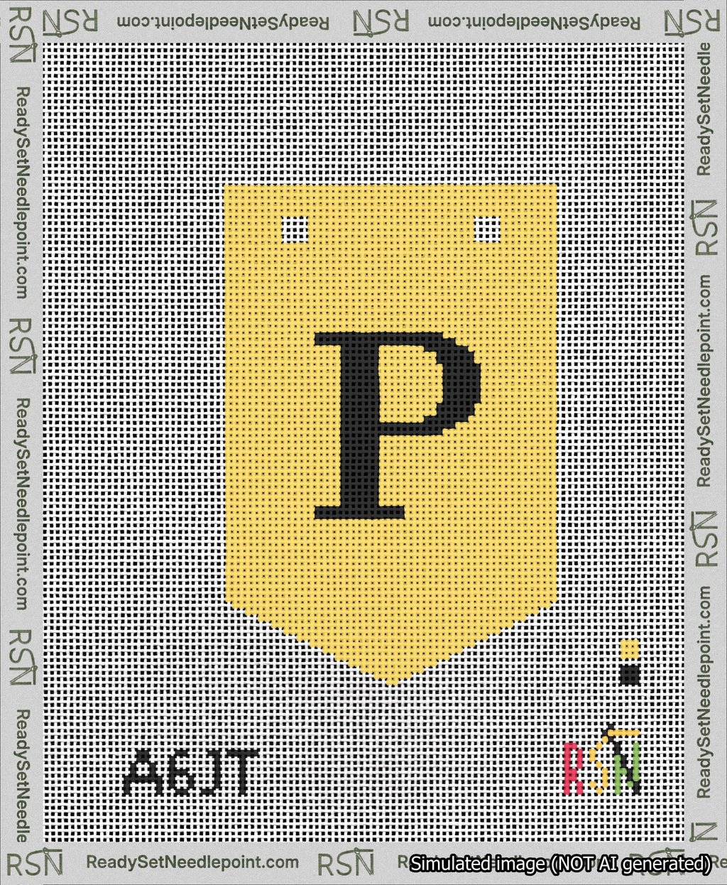 A taped needlepoint canvas with the design: Banner 13 mesh count Pointed P Black on Yellow.