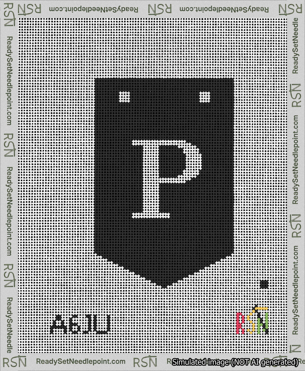 A taped needlepoint canvas with the design: Banner 13 mesh count Pointed P White on Black.