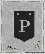 A taped needlepoint canvas with the design: Banner 13 mesh count Pointed P White on Black.