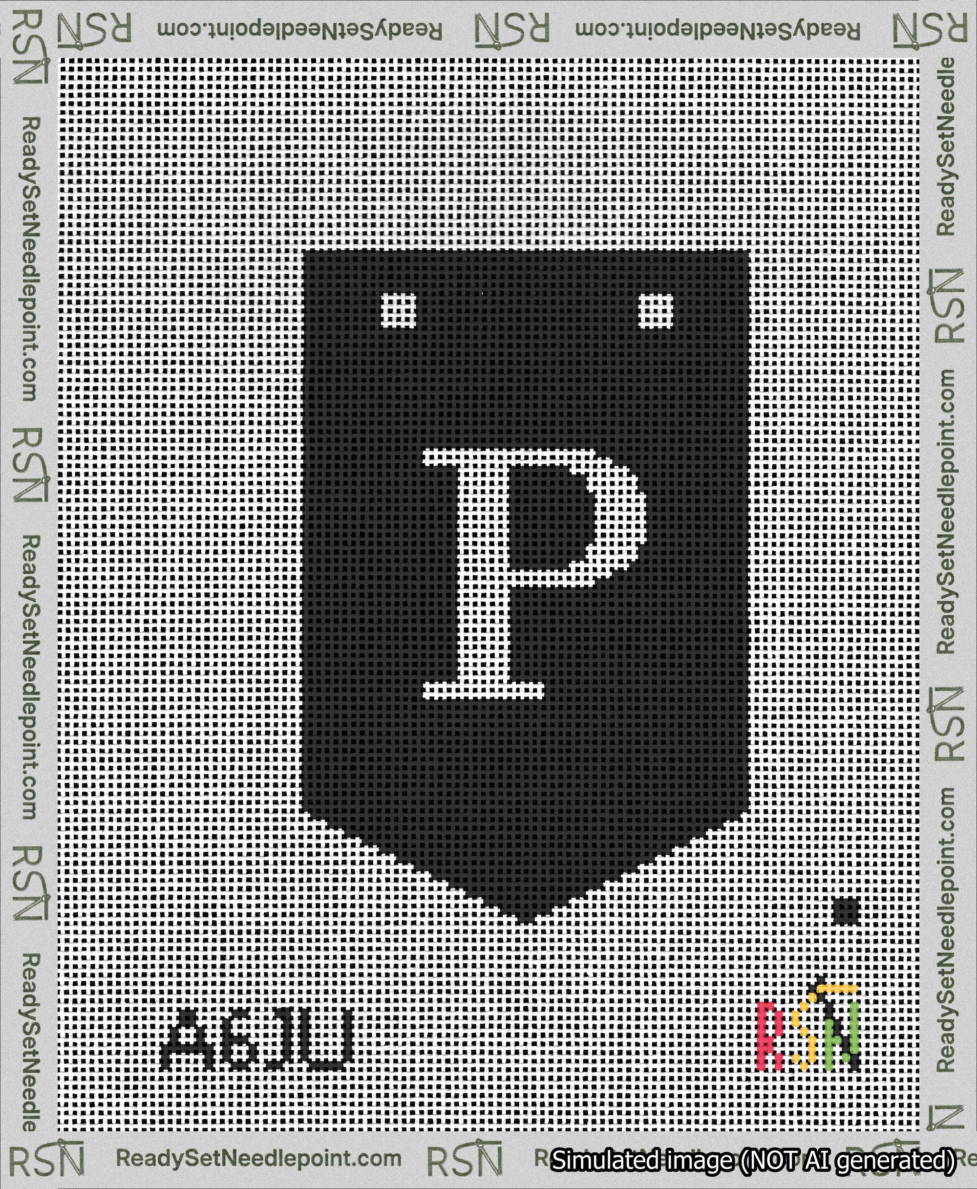 A taped needlepoint canvas with the design: Banner 13 mesh count Pointed P White on Black.