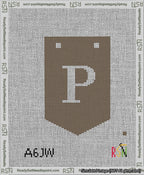 A taped needlepoint canvas with the design: Banner 13 mesh count Pointed P White on Brown.