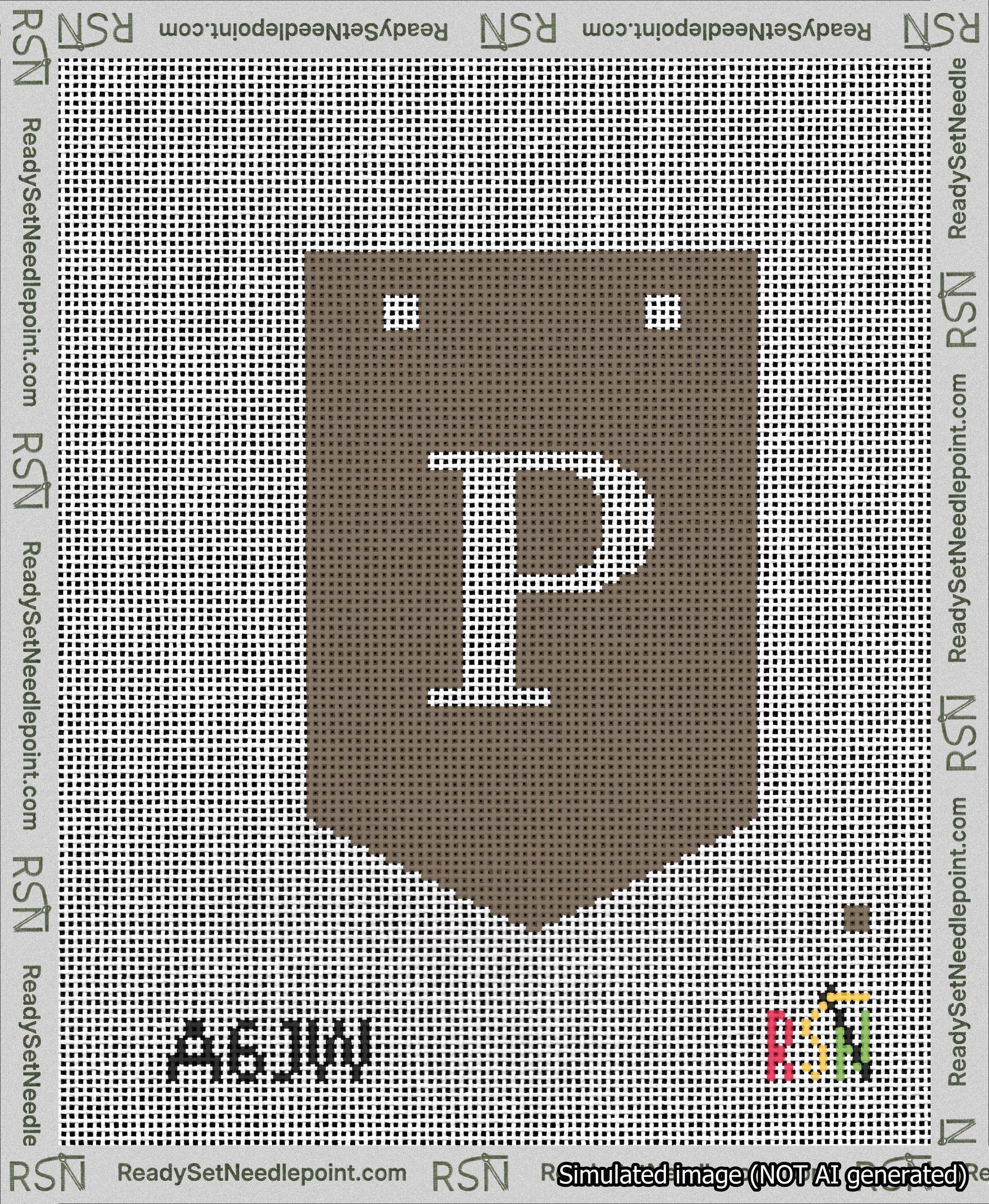 A taped needlepoint canvas with the design: Banner 13 mesh count Pointed P White on Brown.