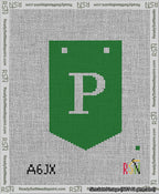 A taped needlepoint canvas with the design: Banner 13 mesh count Pointed P White on Green.