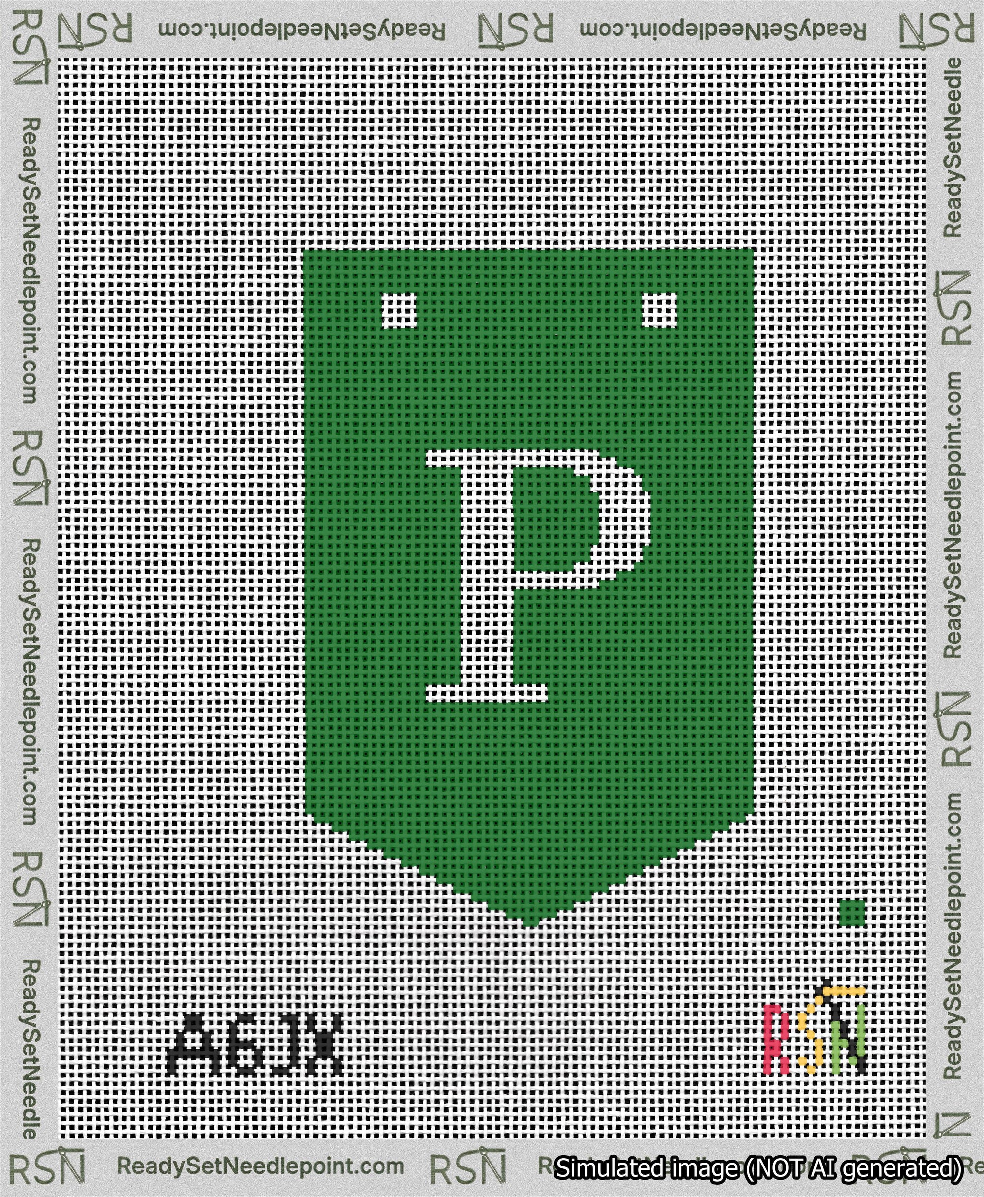 A taped needlepoint canvas with the design: Banner 13 mesh count Pointed P White on Green.