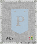 A taped needlepoint canvas with the design: Banner 13 mesh count Pointed P White on Light Blue.