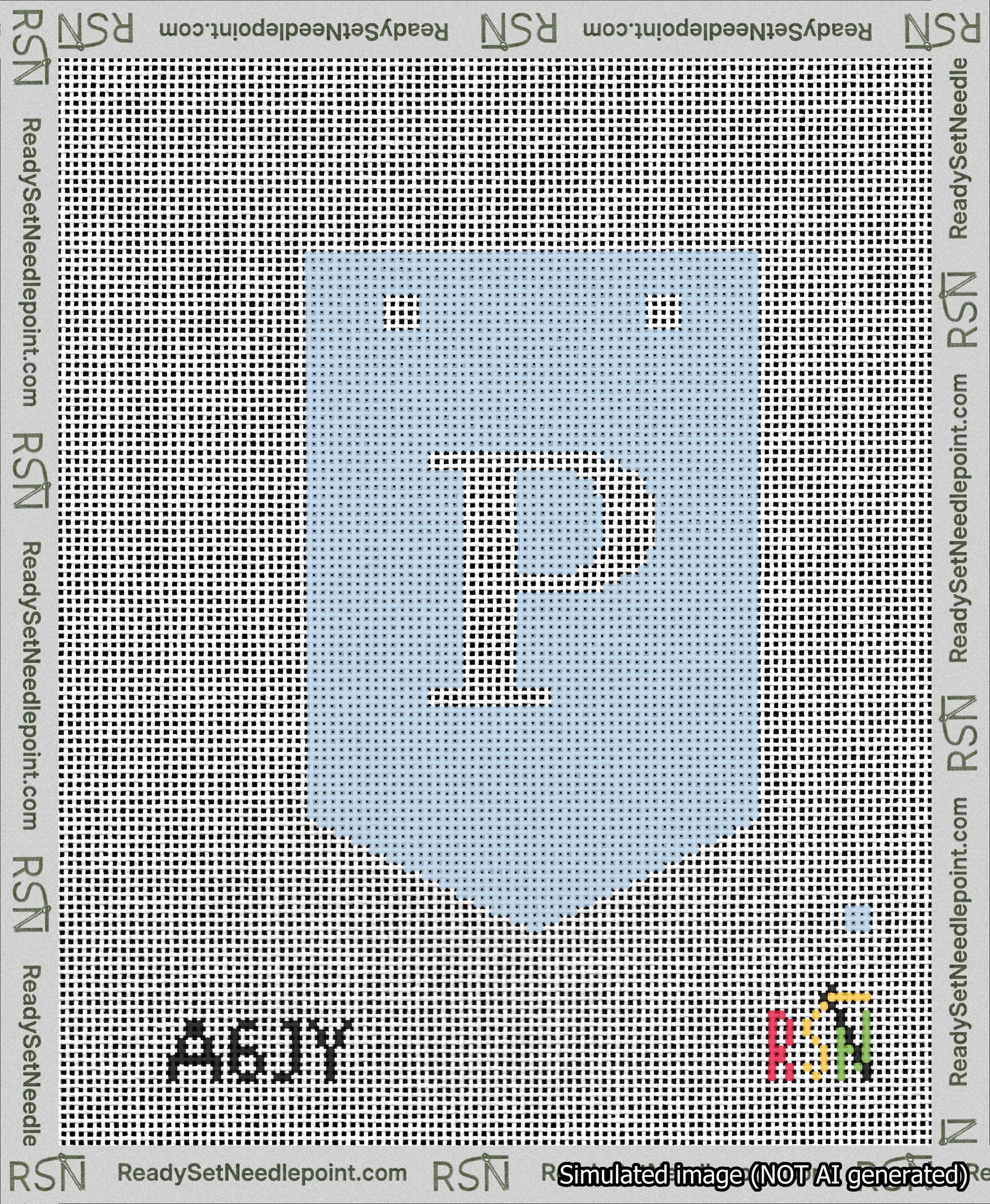 A taped needlepoint canvas with the design: Banner 13 mesh count Pointed P White on Light Blue.