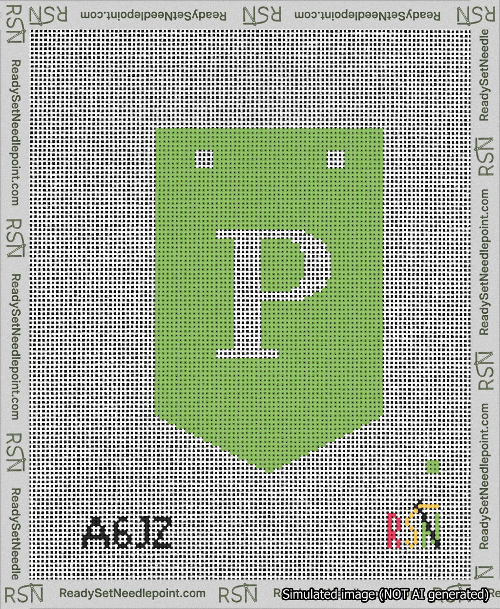 A taped needlepoint canvas with the design: Banner 13 mesh count Pointed P White on Light Green.
