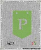 A taped needlepoint canvas with the design: Banner 13 mesh count Pointed P White on Light Green.