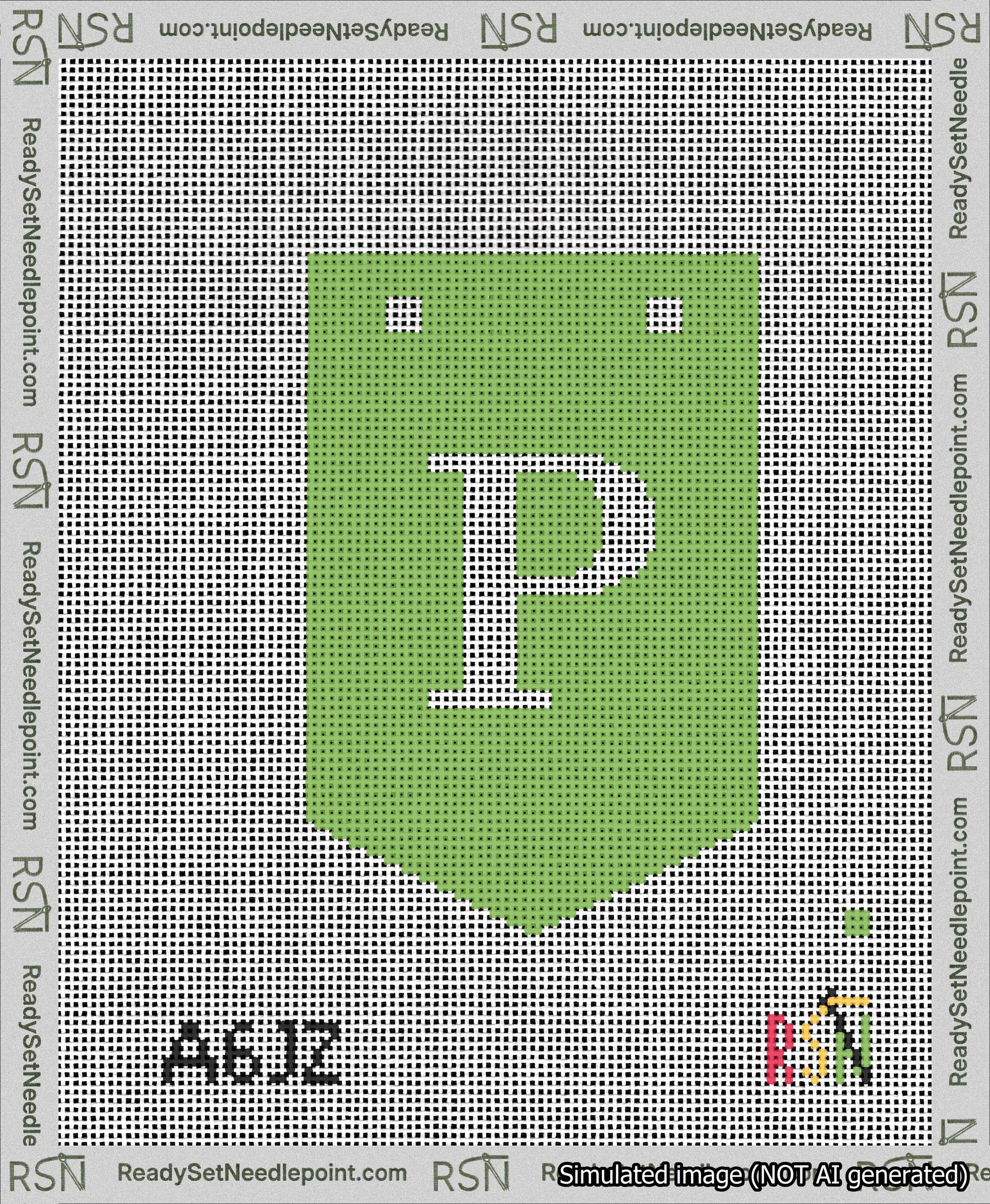 A taped needlepoint canvas with the design: Banner 13 mesh count Pointed P White on Light Green.