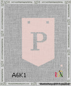 A taped needlepoint canvas with the design: Banner 13 mesh count Pointed P White on Pink.